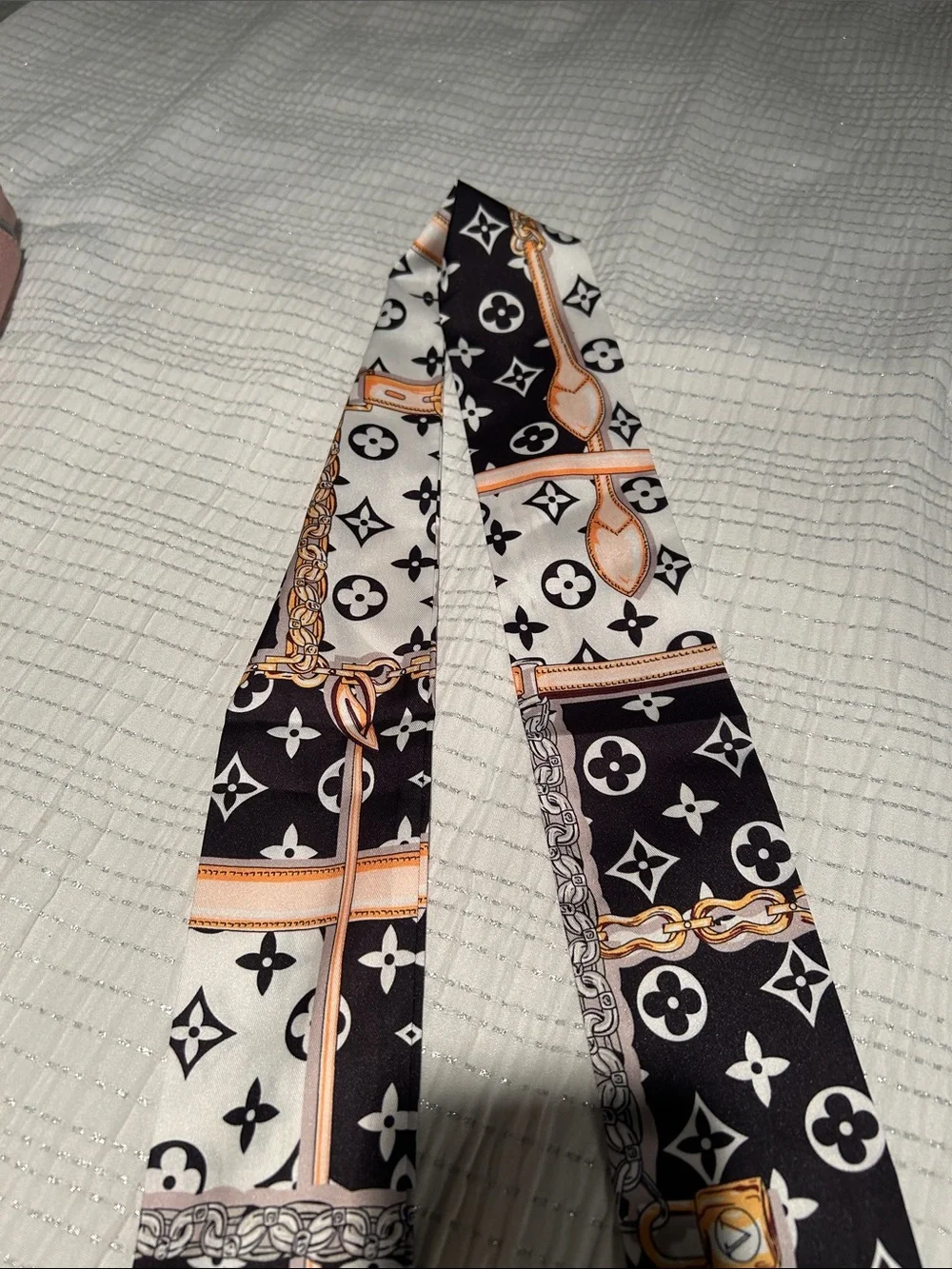 Luxury-Inspired Black & White Printed Silk Scarf Tie